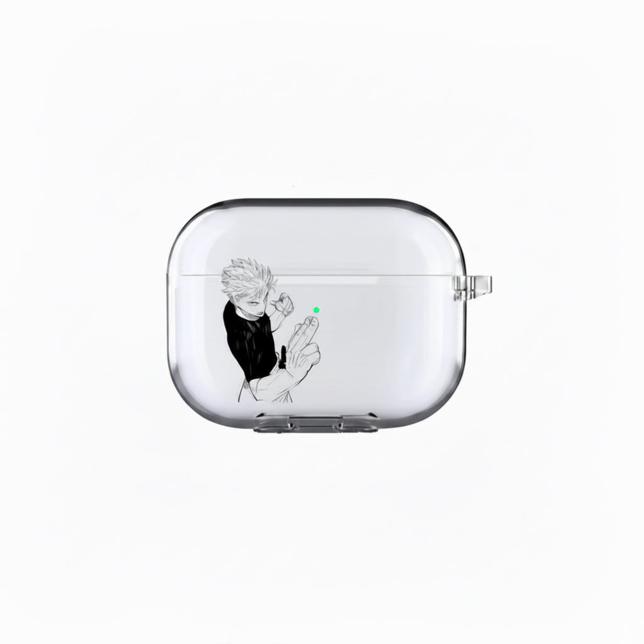 Clear case with a black and white illustration of a character on a white background
